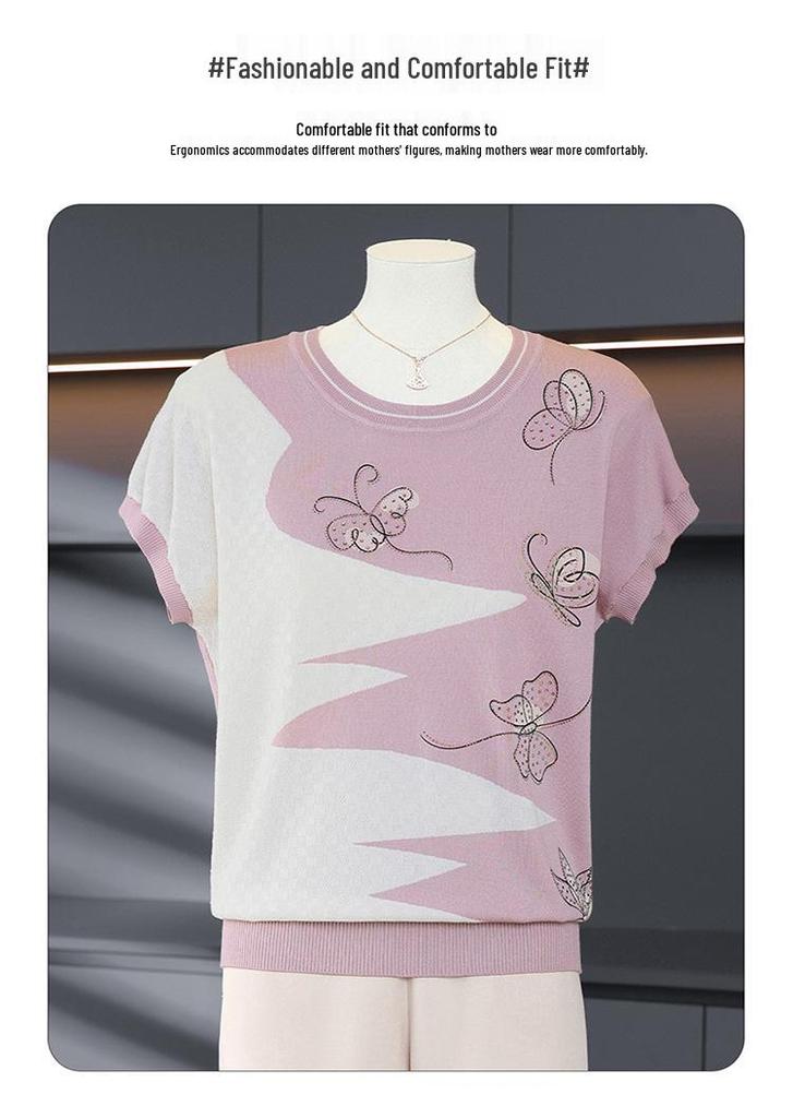 Women's Summer Ice Silk Short-Sleeve Knit Top - Loose Fit, Round Neck for Middle-Aged and Older