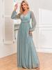 European Style Shiny Pleated Long Sleeve V-Neck A-Line Evening Gown