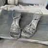 Low-heeled niche rhinestone square-toed sandals female new summer fairy with skirt shoes