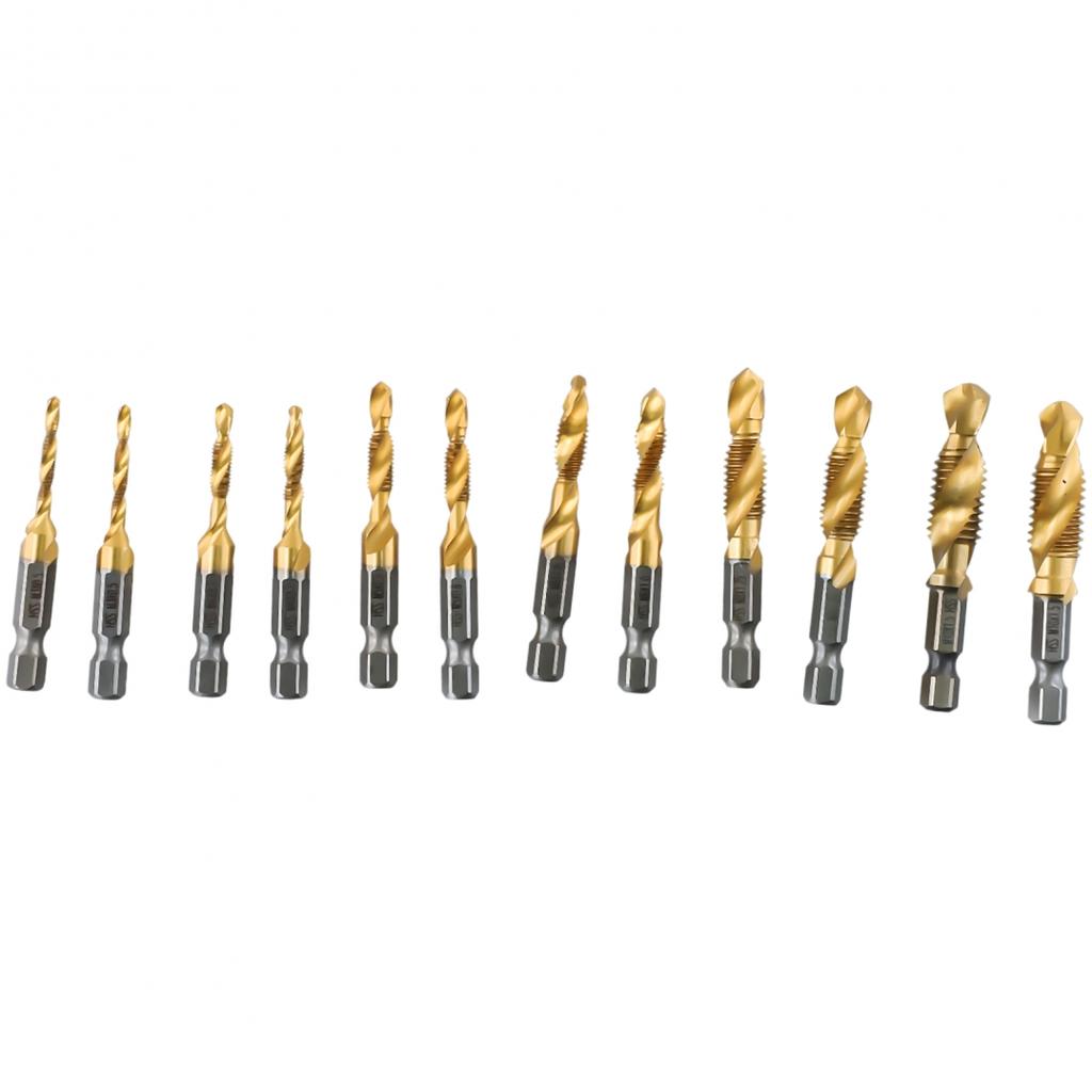 12pc Tap Drill HSS Screw Hex Shank Titanium Plated