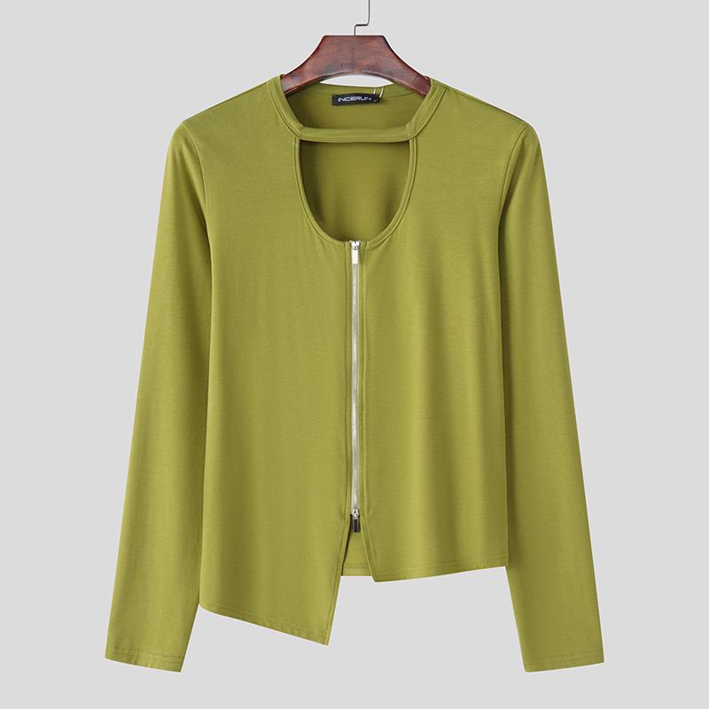 

INCERUN Men s Cutout Neck Long Sleeve Zipper Splits Irregular T-shirts Undershirts 5XL зелёный