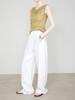 Women's White Straight-Leg Linen Pants, Elastic Waist, Spring/Summer Old Money Style, Extended Length.