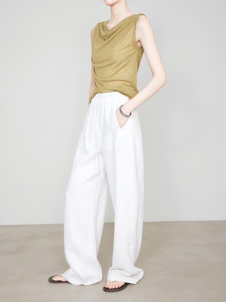 Women's White Straight-Leg Linen Pants, Elastic Waist, Spring/Summer Old Money Style, Extended Length.