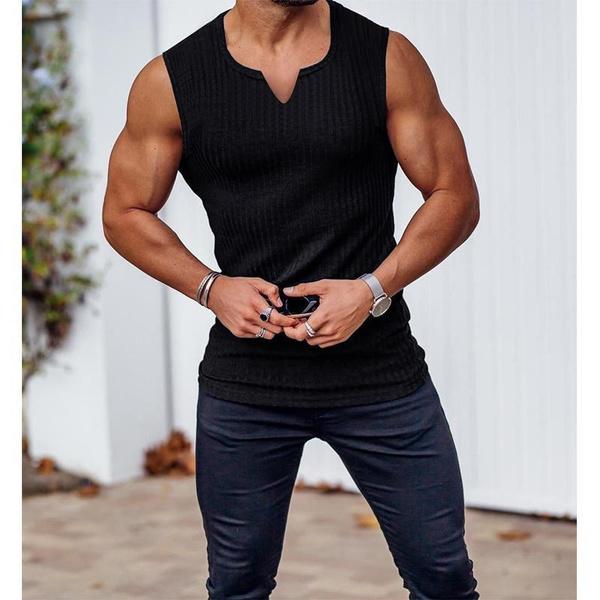 New Men Summer Tank Top Solid Color Sleeveless Vest Tops Gym Fitness Workout Clothes V-Neck Athletic Shirt Muscle Training Bodybuilding Tank Tops
