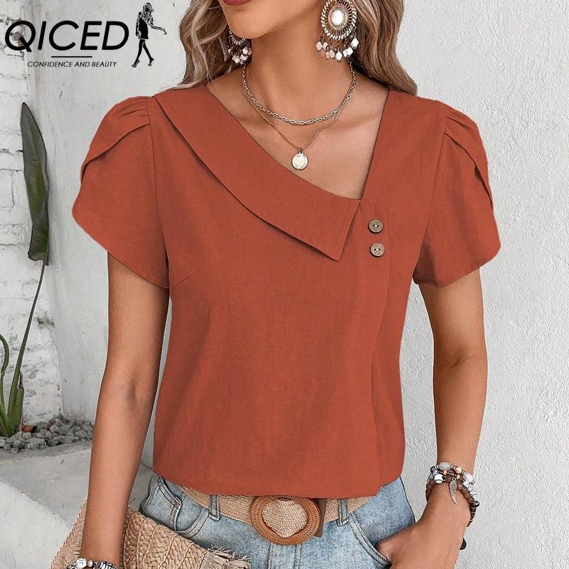 

QICED Женская Мода Повседневные Однотонные Блузки и Рубашки с Коротким Рукавом и V-образным Вырезом XXL красный