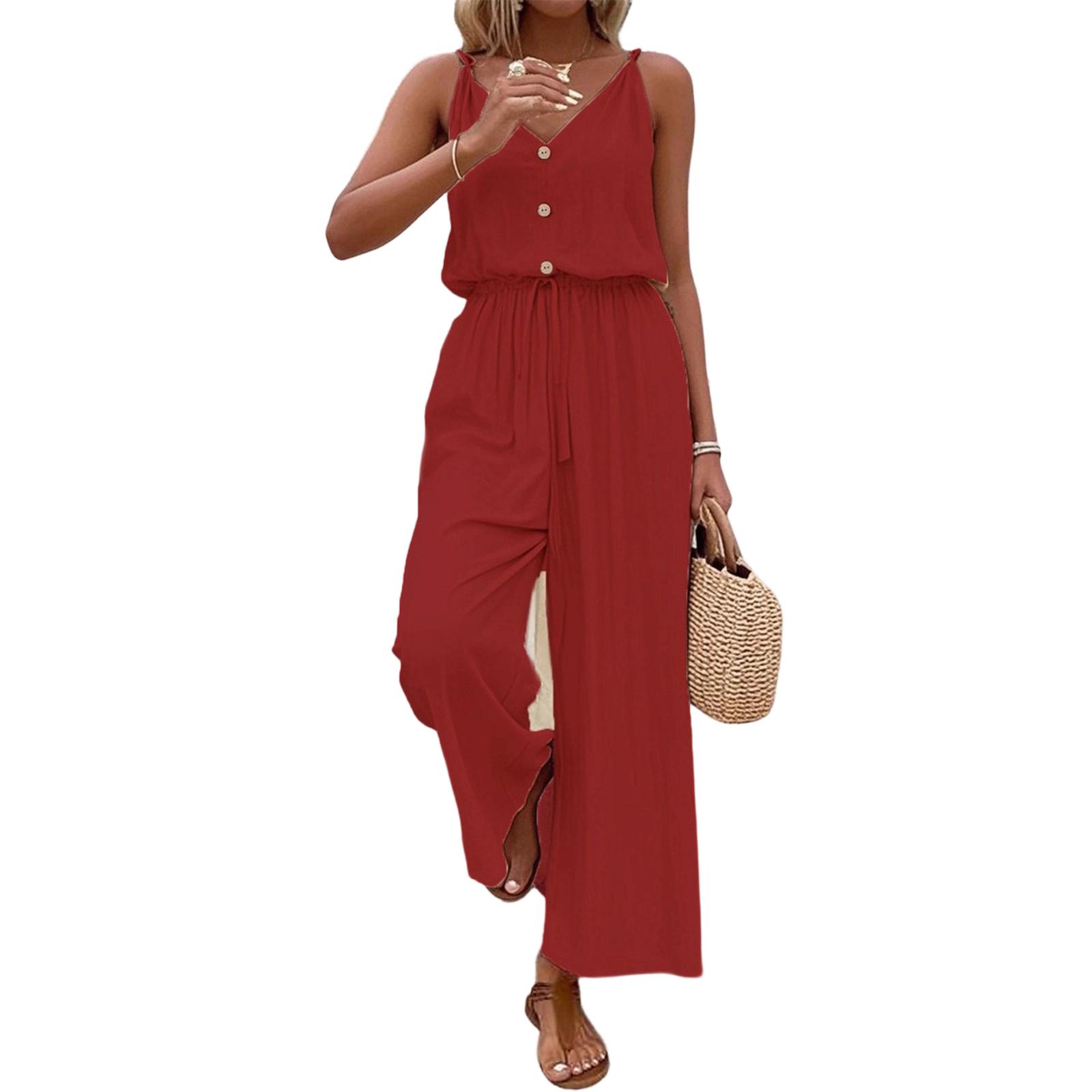 

Sleeveless Button Front Wide Leg Jumpsuit with Adjustable Elastic Waist Relaxed Fit Casual Outfit for Women S винний