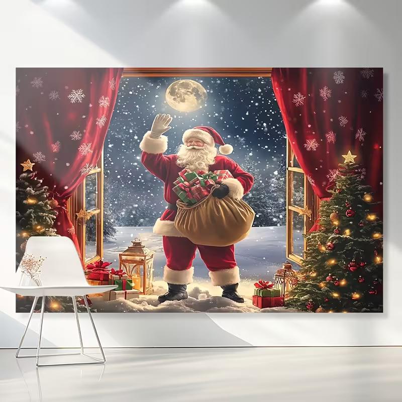 2D Winter Santa Claus Backdrop, Christmas Night Window with Snowflakes Banner
