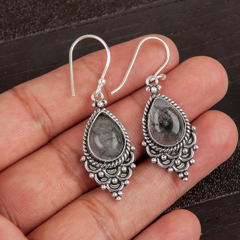 Natürlicher Schwarzer Rutil Edelstein 925 Sterlingsilber Schmuck Handgefertigte Ohrringe 1.9" EE-85-23