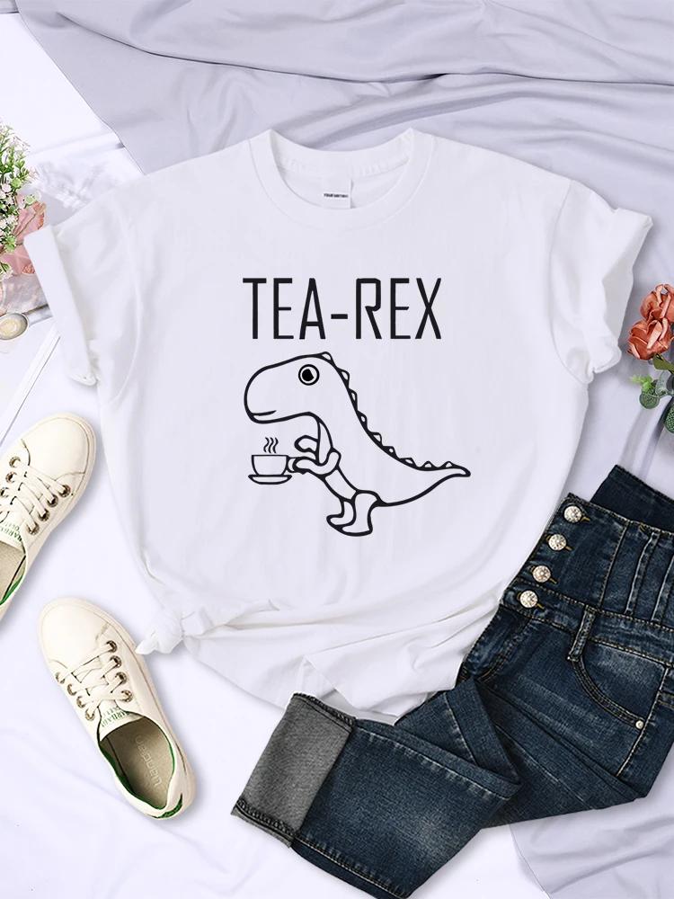 Tea Rex Rolig Dinosaurie Dricka Kaffe Dam T-shirts Andningsbar Casual Kortärmad Personlighet All-matematik T-shirt Kläder Kvinnor Toppar