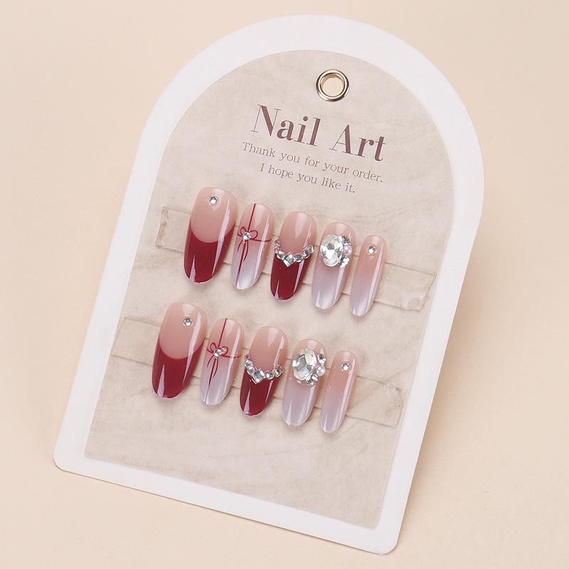 

Douyin Cat Eye Rhinestone French Red Nail Tips Pre-made Nail Strips - 30 pieces/board