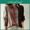 Long Women Sleeve Elegant Vintage Blouses Autumn 2024 Hit Color Polo Collar Loose Work Shirt Button Casual Clothing 18146
