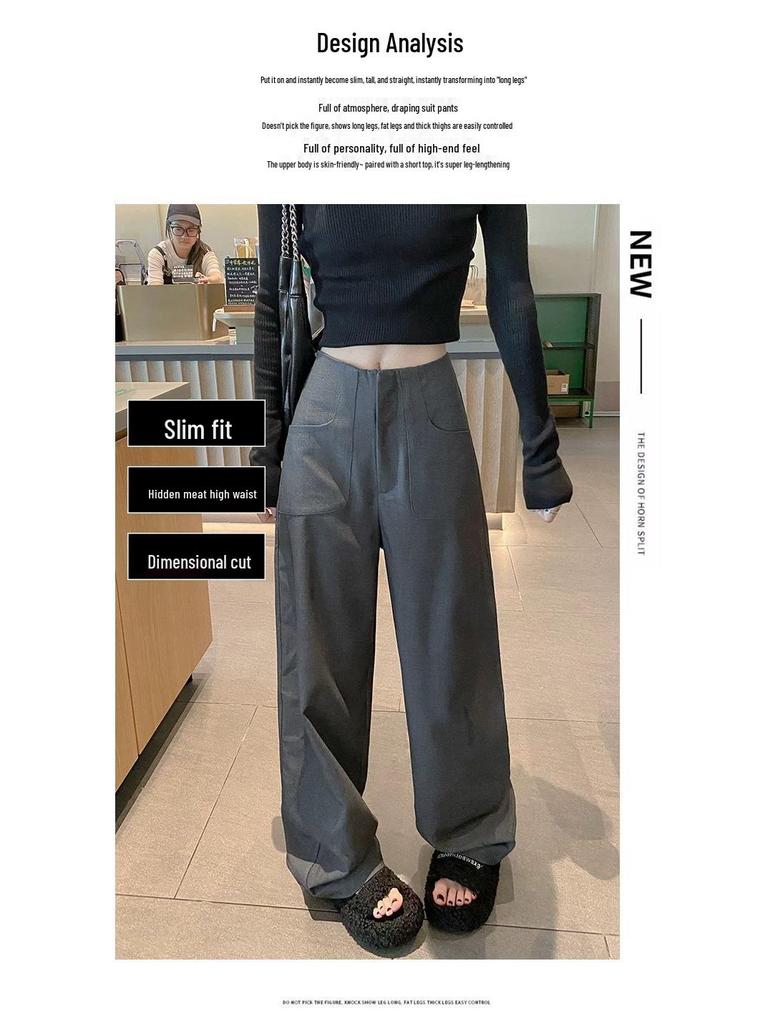 Gray High-Waisted Wide-Leg Suit Pants for Women - Autumn/Winter Casual Drapey Slimming Floor-Length Pants