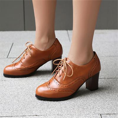 FOREADA Women PU Leather Pumps Round Toe Thick High Heels Lace-up Concise Ladies Fashion Shoes Spring Autumn Camel Black 44