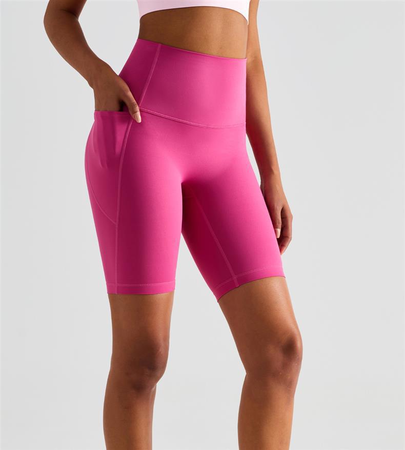 Pantaloncini da Yoga a Vita Alta Color Pesca con Tasche – Senza Cuciture, Vestibilità Comoda per Donna