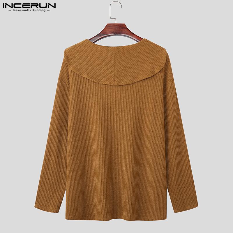 INCERUN Autumn Men Lapel V Neck Long Sleeve Texture Ribbed Knitted Casual Pullover Tops