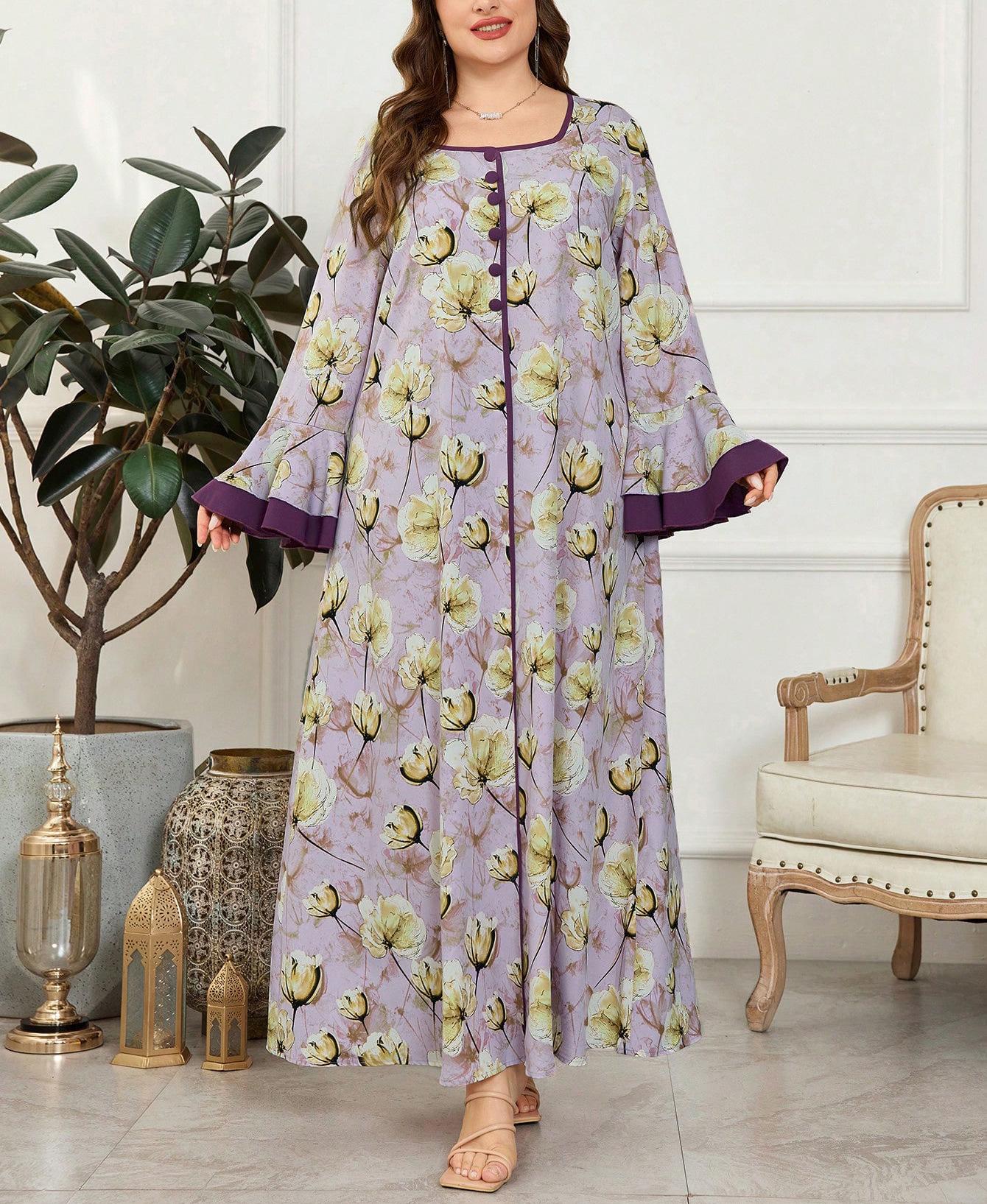 Plus Size Floral Print Elegant Summer Dress - Slim, Breathable, Waist-Cinching, Long Skirt for Women 4XL фиолетовый