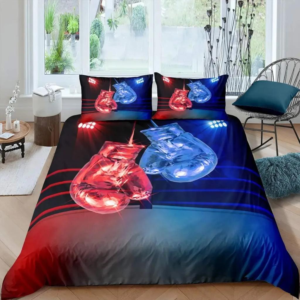 Adult Boxing Duvet Cover Set Queen,Sports Games Theme Bedding Sets Boxing Gloves Quilt Cover,Athlete Silhouette Comforter Cover