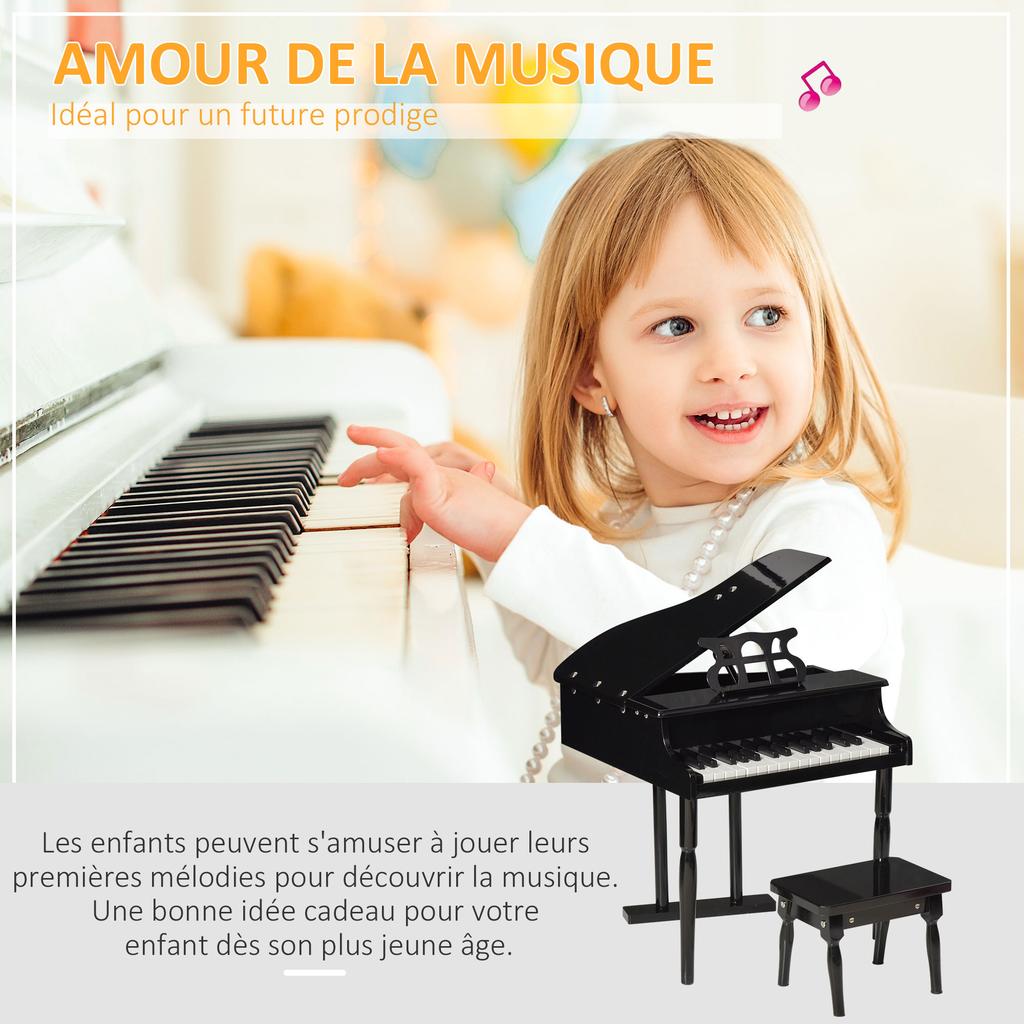 Kinderspielzeug-Holzflügel - 30 Tasten Keyboard - Inklusive Hocker und Notenständer - Musikinstrument - Schwarzes MDF