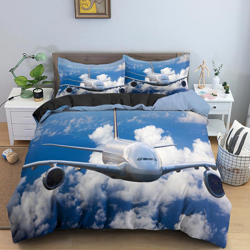 Comforter 3D Airplane King Queen Blue Sky Aviation Aircraft Runway Bedding Set Modern Transport 2/3Pcs