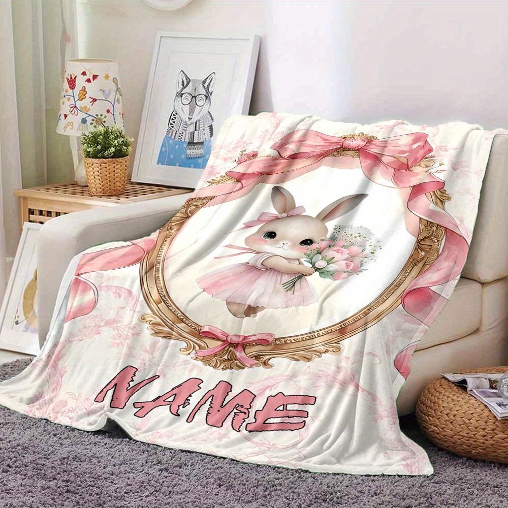 Bunny Rabbit With Bouquet In Pink Dress And Ribbon Frame Four Seasons Blanket Customized With Your Name Lightweight And Warm Perfect Gift For Home
