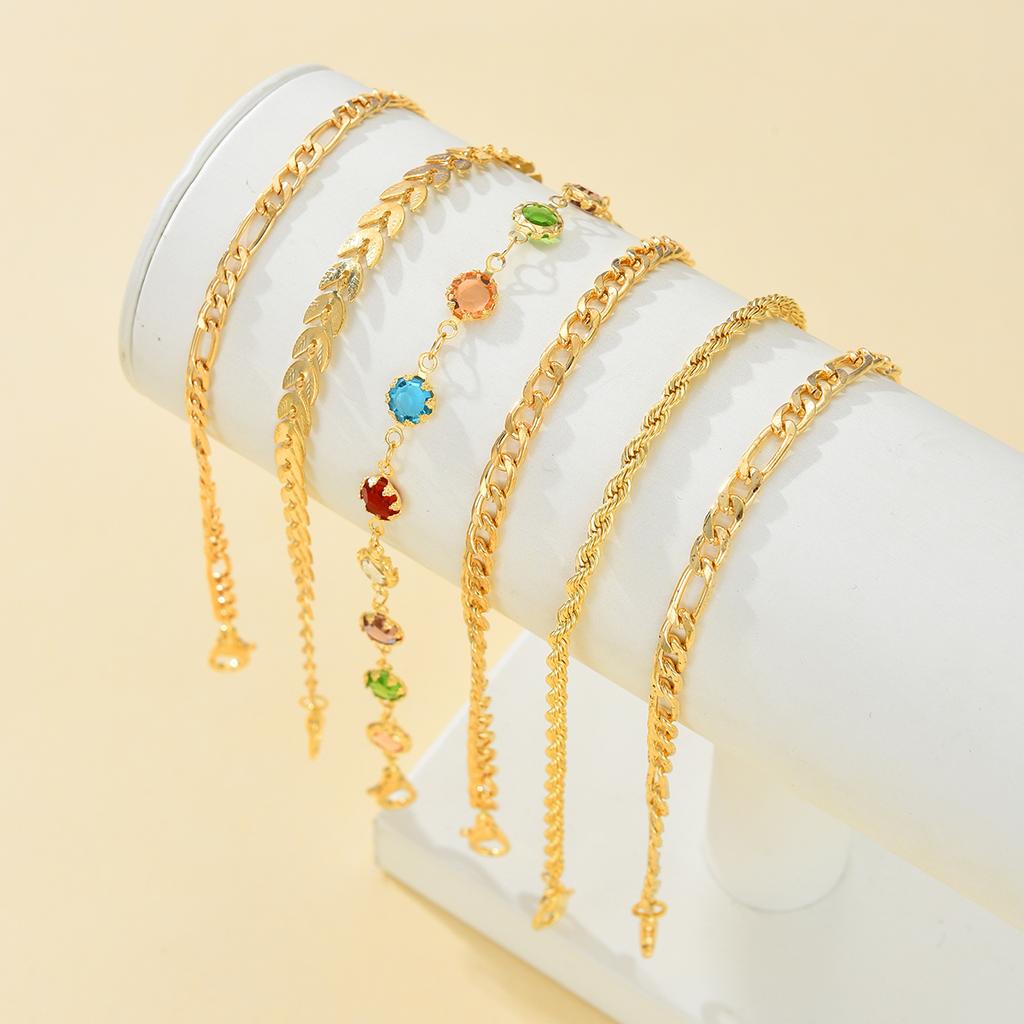 6Pcs/Set Gold Color Twisted Cuban Chain Anklet Set For Women Fashion Summer Colorful Zircon Anklet Beach Party Jewelry Gifts New