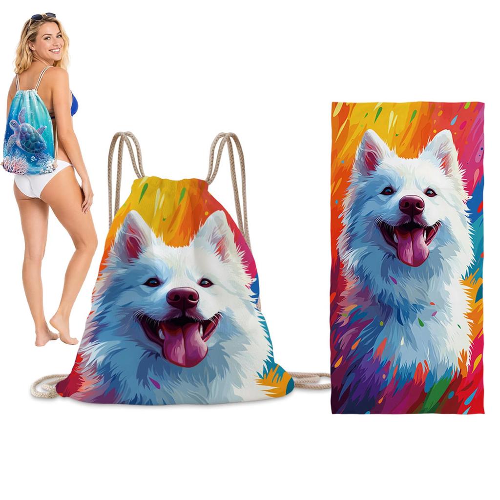 2-in-1 Beach Towel Backpack, Convertible Microfiber Beach Towel Bag with Zipper Pocket, Sand-Resistant Wearable Towel Bag (Dog Design)