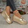 Women's Plus Size Slip-On Loafers, Platform Block Heel Casual Flats with Metal Buckle