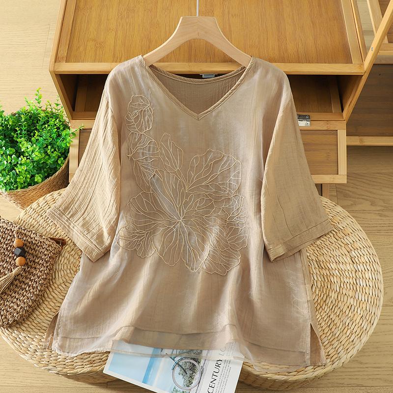 DIMANAF 2026 Women Plus Size New Summer Blouse Shirt Short Sleeve Casual Loose Lady Tops Shirts Linen Embroidery