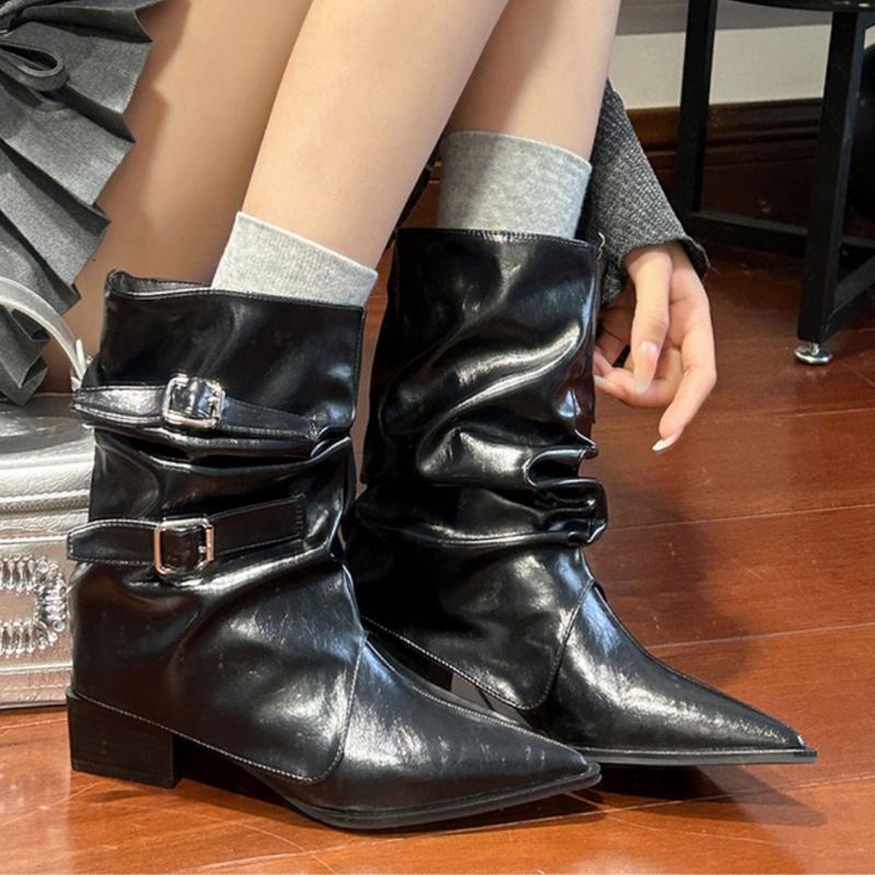 Sexy Women Ankle Boots Pointed Toe High Heels Shoes 2025 Trend New Chunky Boots Pleated Chelsea Party Pumps Woman Botas