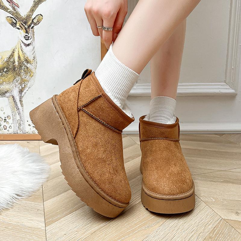 Block Heel Platform Snow Boots Women's Fashion Round Toe Suede Deep Mouth Plus Suede Non-Slip Shorthole Boots