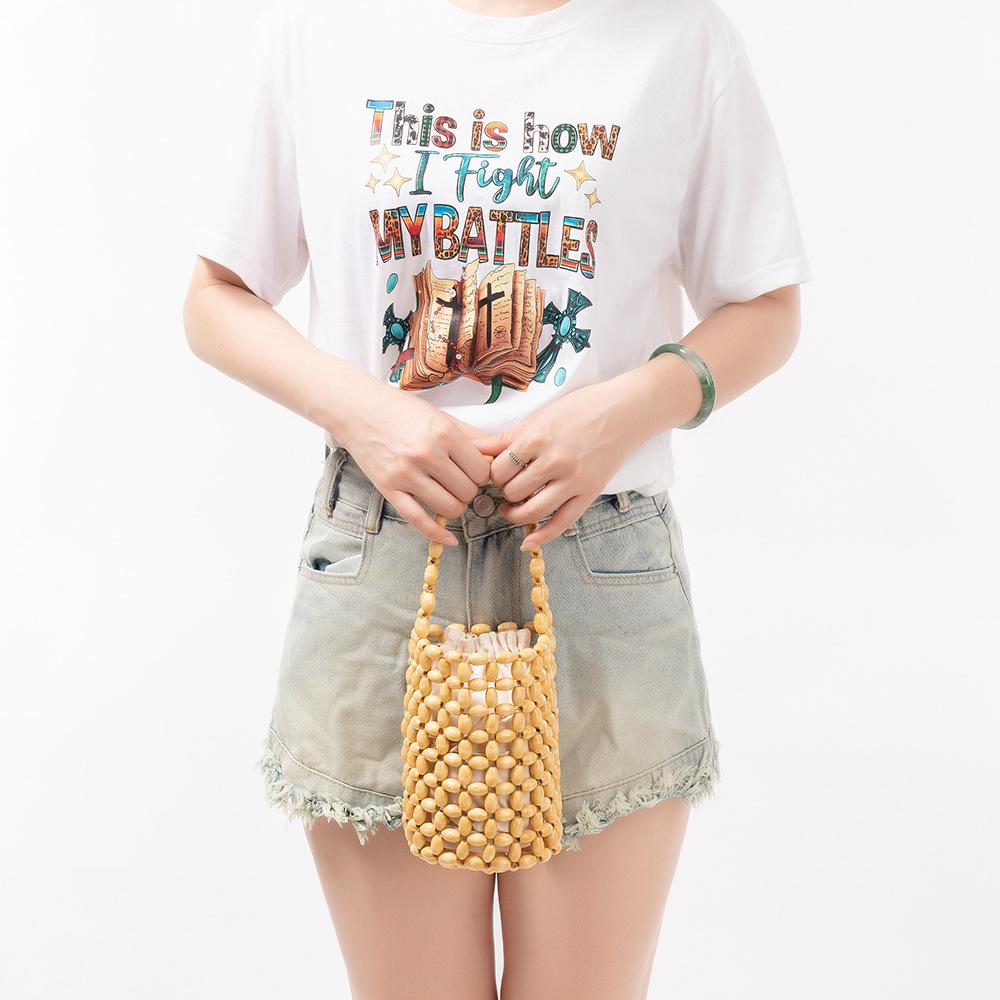 

ENSPT Hand-Woven Wooden Bead Bucket Bag - European & American Niche Design for Women 12x12x17CM хаки