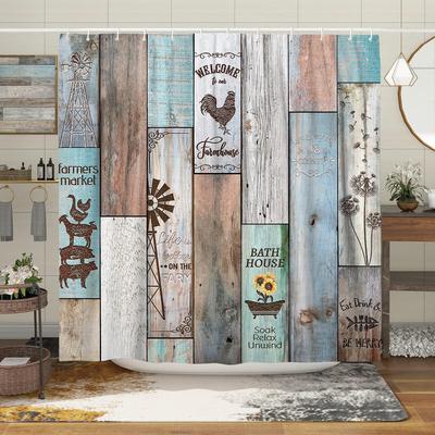 Farmhouse Rustic Shower Curtain Set Vintage Country Shower Curtains for Bathroom Wood Farmhouse Bathroom Decor Polyester Fabric-