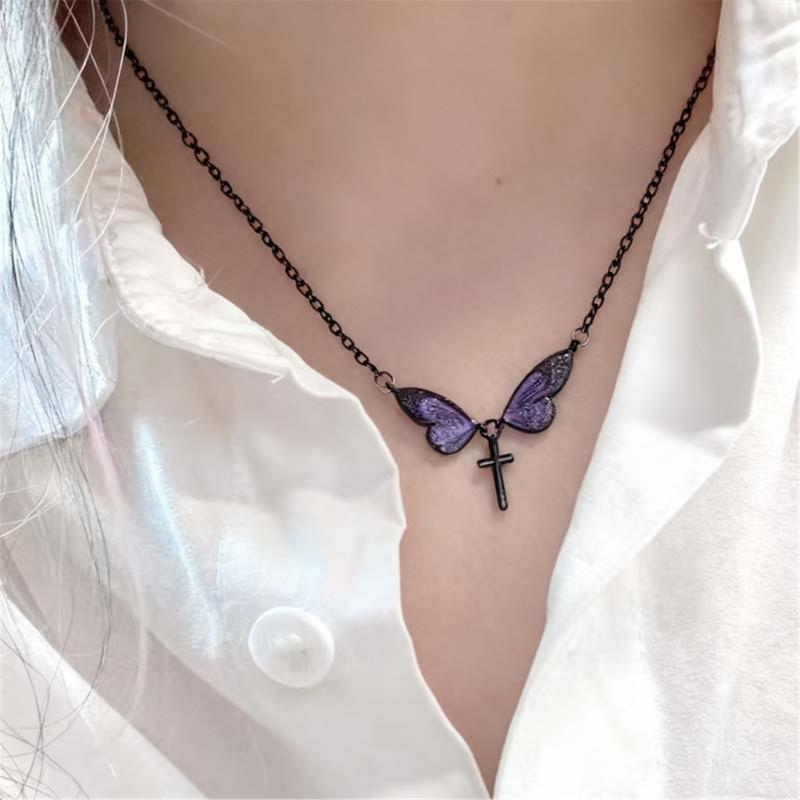 Elegant Butterfly Crosses Pendant Necklace Alloy Neckchain Fashion Accessory For Daily Wear Special Occasions