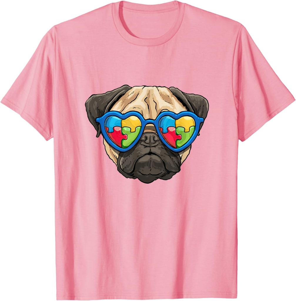 Autism Awareness Pug Dog Heart Puzzle Sunglasses Graphic Tee Casual Cotton T-Shirt for Boys