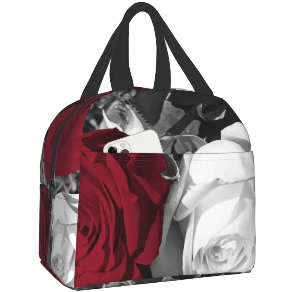 Red Rose Flowers On Gray Lunch Box Travel Bag Reusable Insulated Cooler Lunch Bags Girls Men Funny Picnic Tote Bag