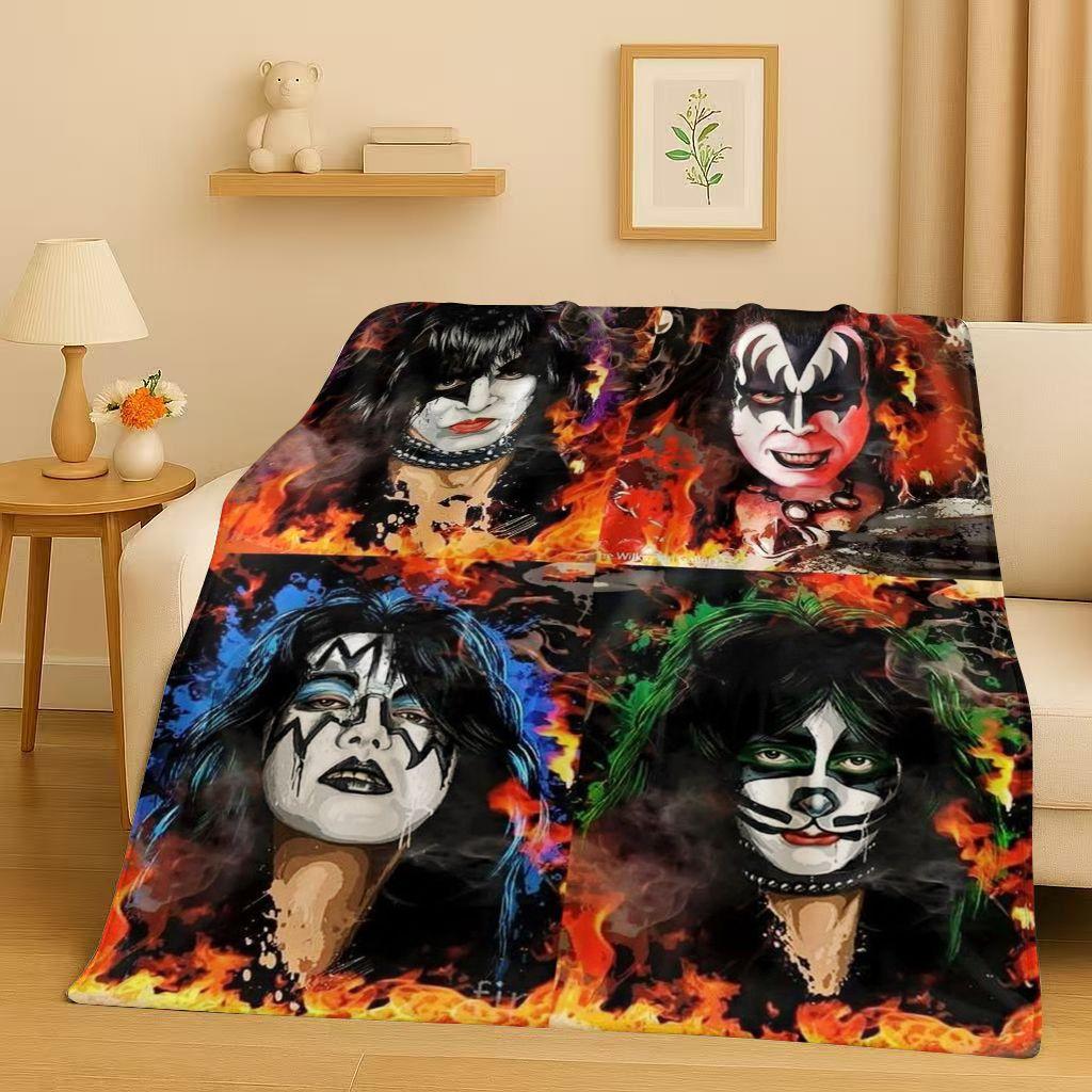 Coperta di Flanella Retro Kiss Rock Heavy Metal Band Gene Simmons, Coperta Morbida Ultra Peluche per Casa Camera da Letto Letto Divano Ufficio