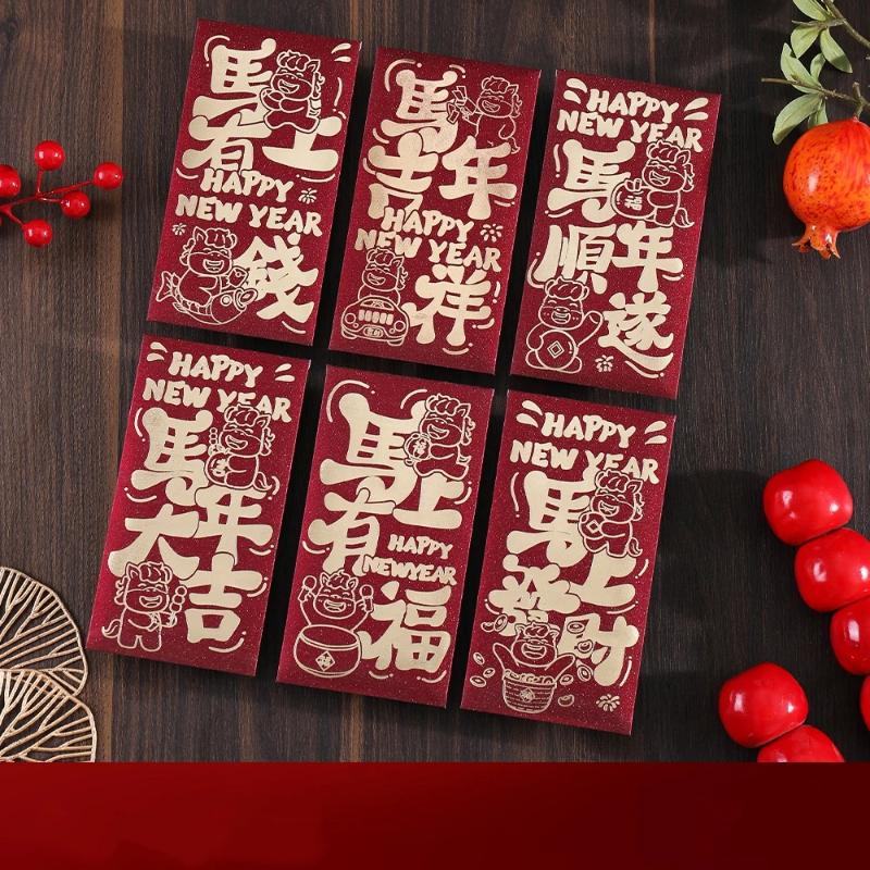 6-Pack 2026 Year Of The Horse Chinese New Year Lucky Money Envelopes, Cartoon Red Packet For Spring Festival