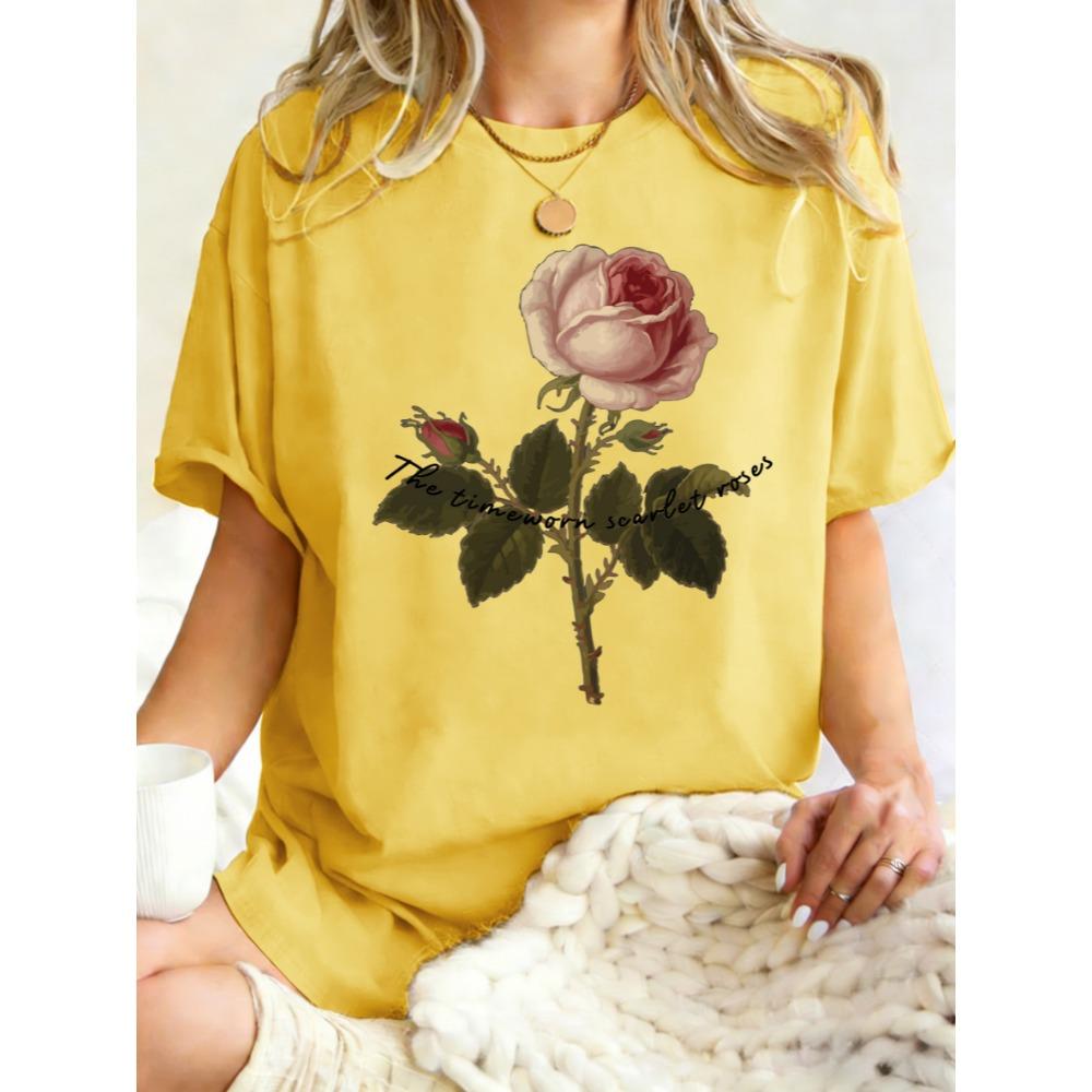 The Timeworn Scarlet Roses Design Women T-Shirt Casual Loose T Shirts Cotton Y2K Trendy Tops Comfortable Short Sleeve
