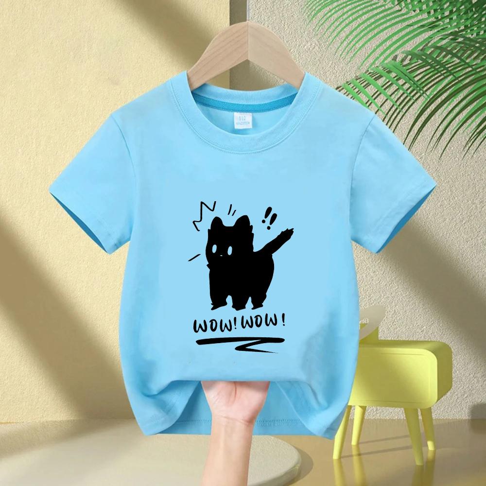 Funny T Shirt Cat Letter Print Crew Neck TShirt Kids Casual Short Sleeve Top for Spring Summer Girls Clothing