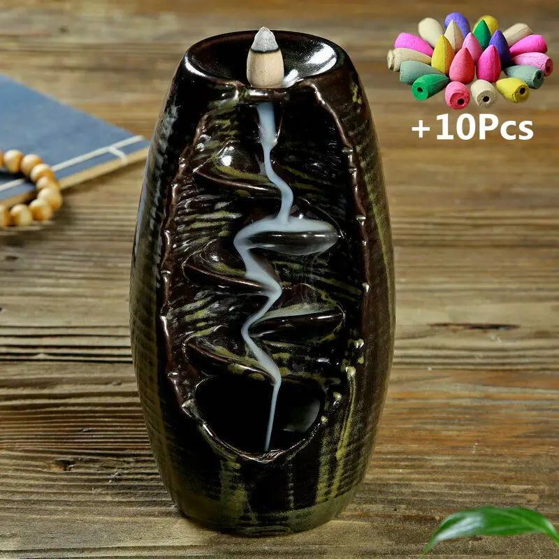 Gift 10 Cones Waterfall Incense 2 Size Lucky Ceramic Censer Home Decor Offfice Ornament