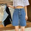 Women Knee Length Jeans A-line Adjustable Buttoned Waist Zipper Closure Plus Size Pockets Vintage Solid Color Loose Lady Denim Shorts Casual Short