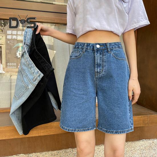 Women Knee Length Jeans A-line Adjustable Buttoned Waist Zipper Closure Plus Size Pockets Vintage Solid Color Loose Lady Denim Shorts Casual Short
