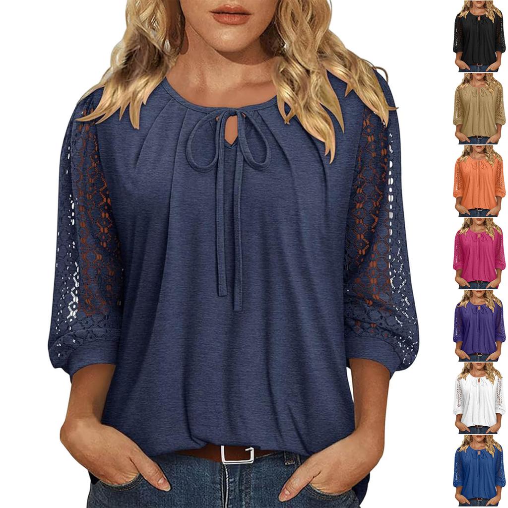 Women's Lace-Up Blouse, Loose Fit, Casual, Sheer Lace