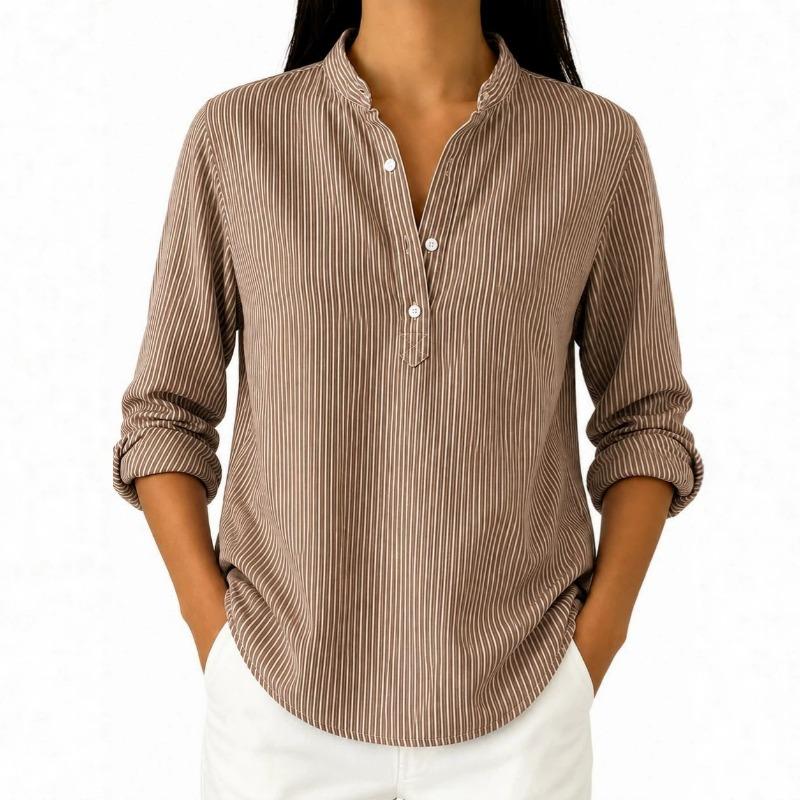Women Stand Collar Vertical Stripe Long Sleeve Shirt Solid Green Half Button Casual Blouse