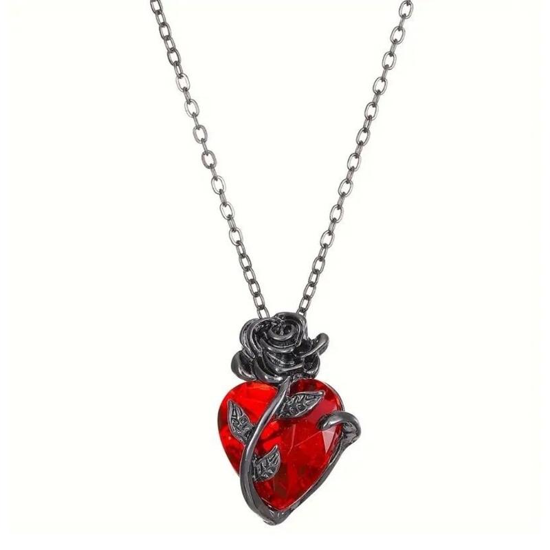Gothic Dark Heart Rose Flower Necklace Elegant Romance Alloy Jewelry For Women Gift 1
