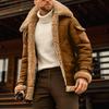 Men Jacket Contrast Color Patchwork Plush Lining Turndown Collar Zipper Coldproof Winter Faux Fur Outerwear Streetwear