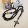 Religious Wood Beads Necklace with Storage Bag Crucifix Pendant Chain Handmade Rosary Necklace  Men