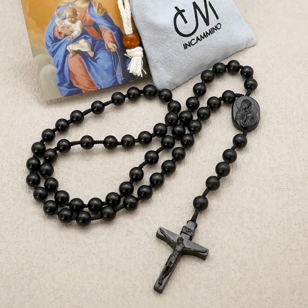 Religious Wood Beads Necklace with Storage Bag Crucifix Pendant Chain Handmade Rosary Necklace  Men