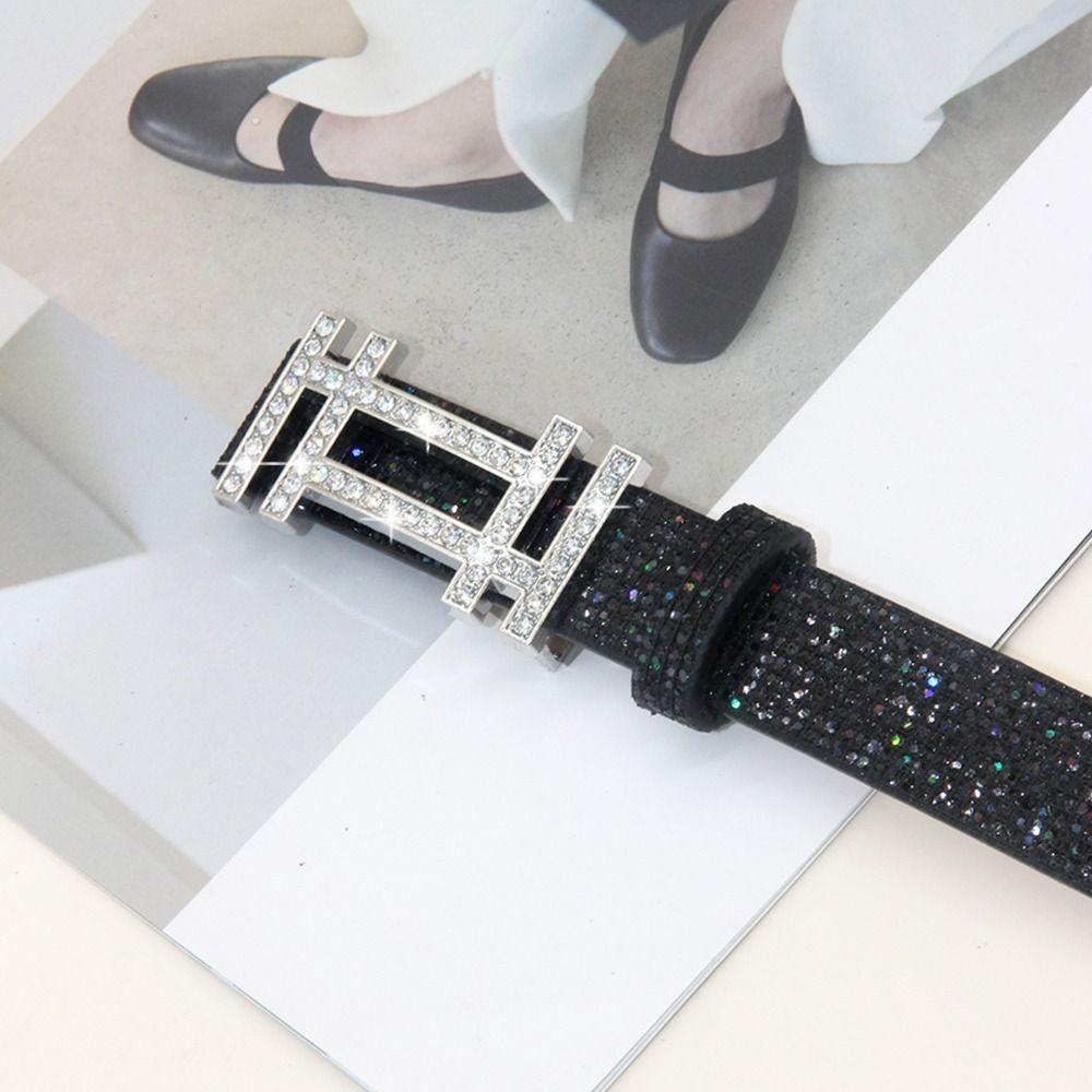 Glitter PU Leather Belt Bling Bling Trendy Waistband Vintage Waist Strap  Women