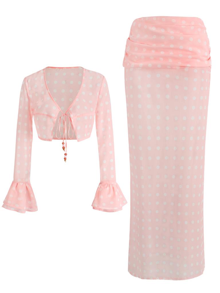 Sexy Rosa Gepunkteter Zweiteiler Badeanzug Überwurf 2025 Sommer Damen Glockenärmel Oberteil Langer Strandrock Set Clubkleid K198